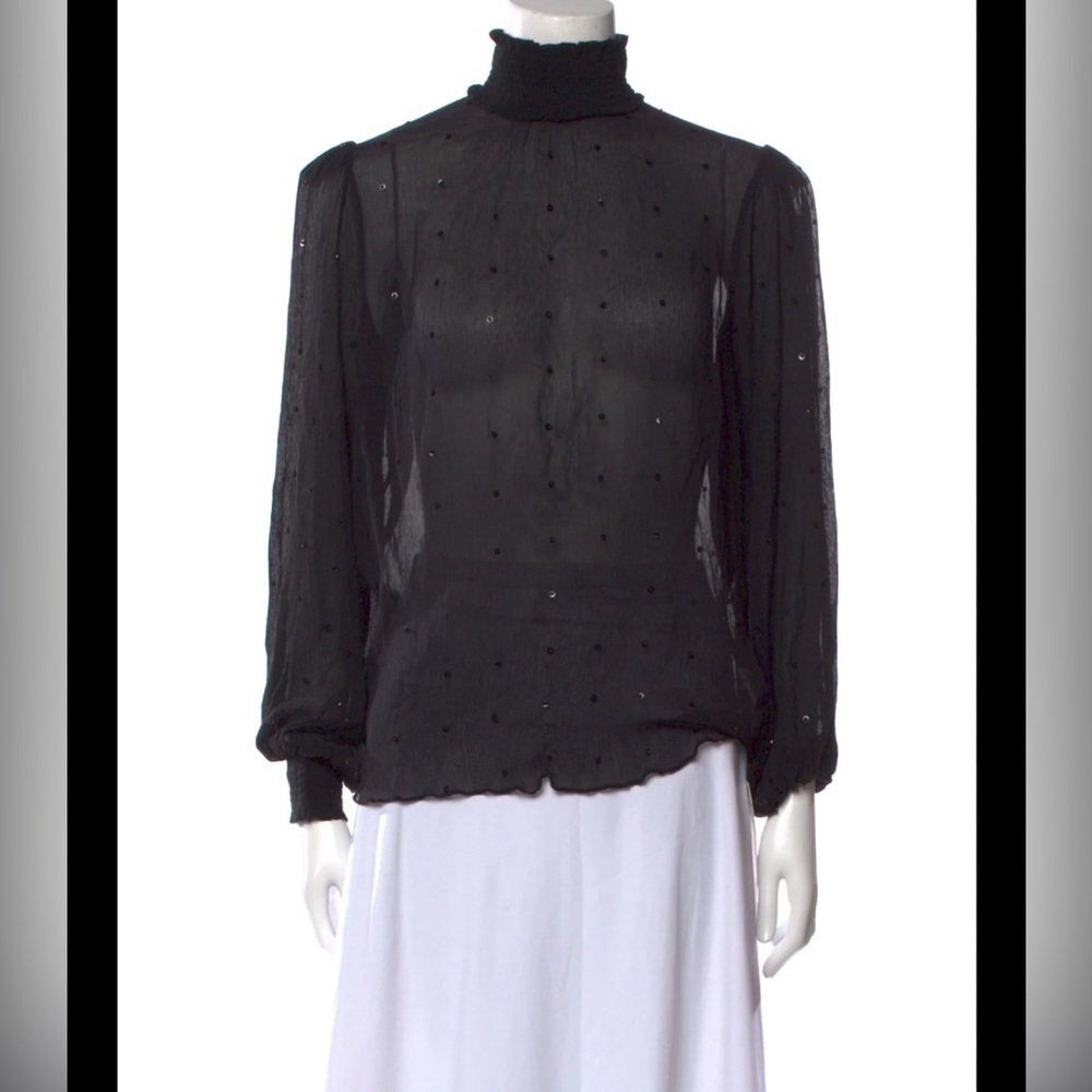 Retrofete Black Sheer High-Neck Blouse with Subtle Sparkle